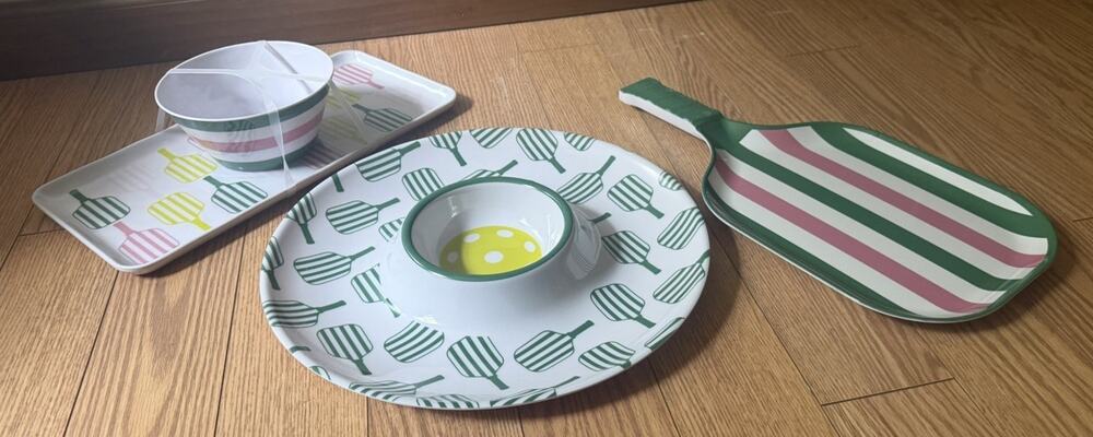 NEW Pickle Ball Party SET Chip And Dip 2 Serving Trays Bowl Melamine 3737/69